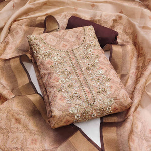 Light Peach Digital Printed With Hand Embroidered Cotton Silk Dress Material