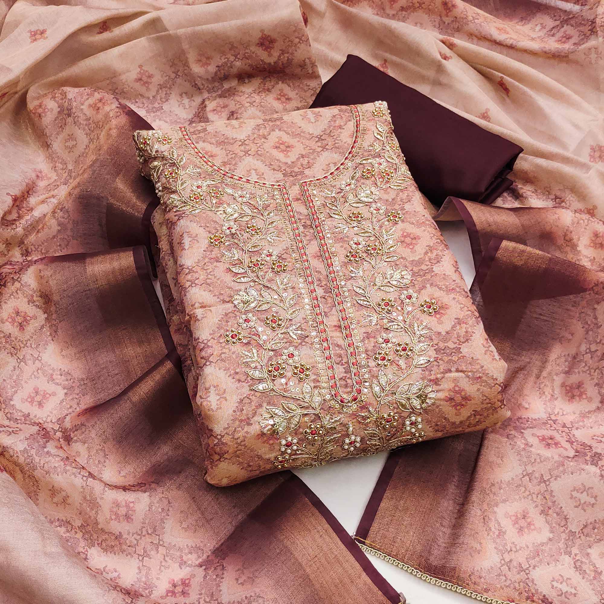 Peach Digital Printed With Hand Embroidered Cotton Silk Dress Material