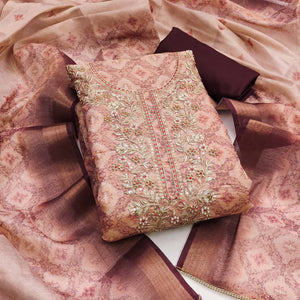 Peach Digital Printed With Hand Embroidered Cotton Silk Dress Material