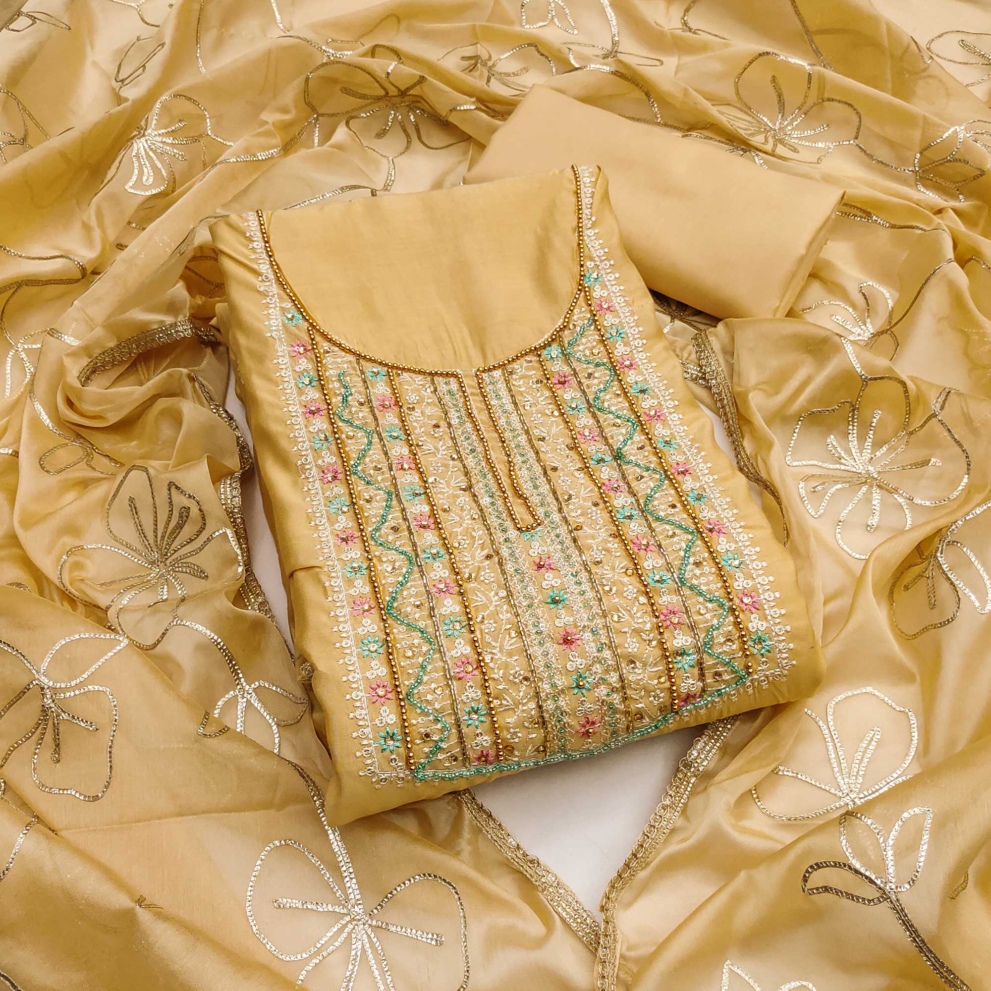 Chikoo Floral Sequins Embroidery With Handwork Cotton Silk Dress Material