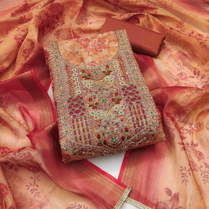 Rust Floral Digital Printed With Moti Handwork Cotton Silk Dress Material