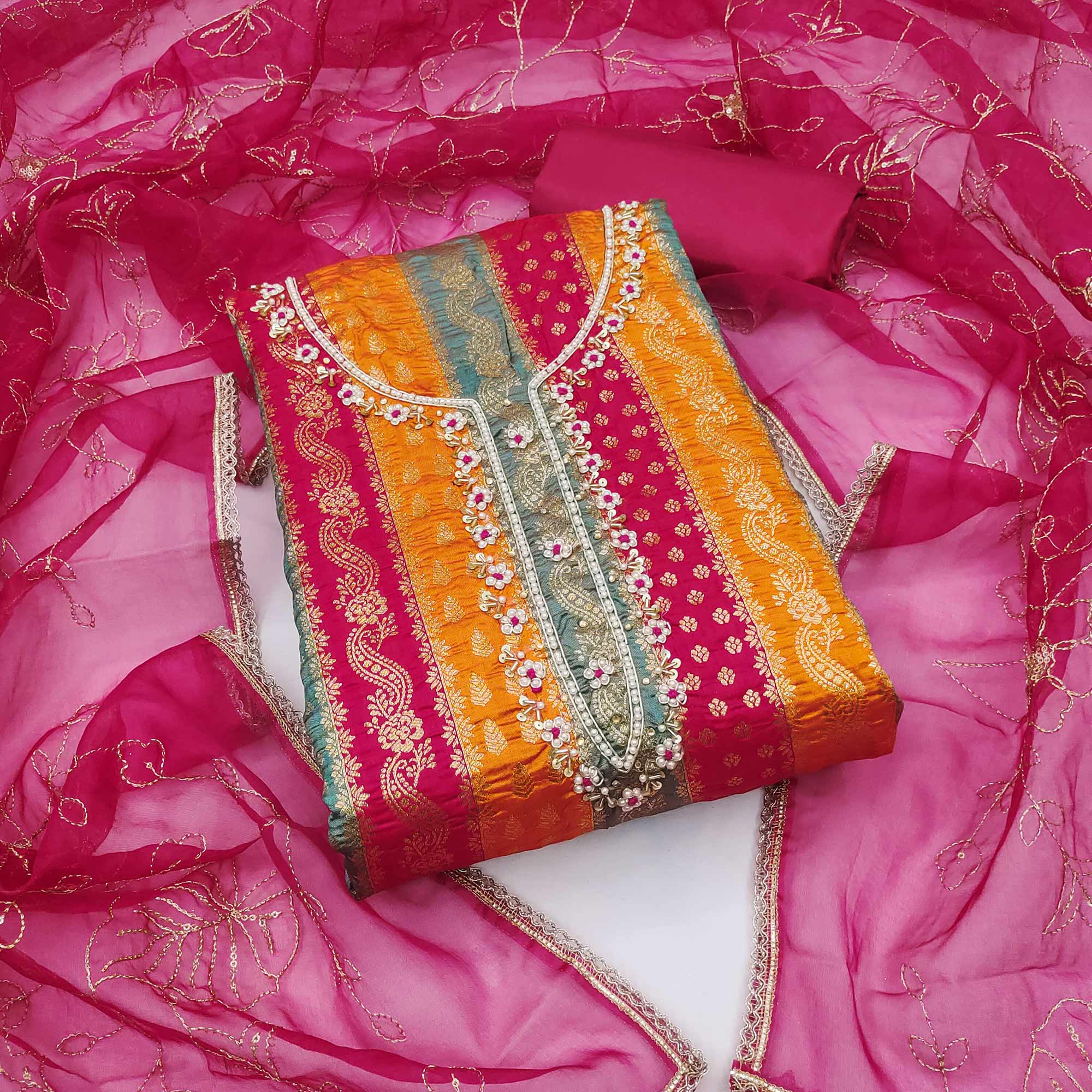 Pink Banarasi Silk Jacquard Dress Material With Floral Woven Handwork Detailing