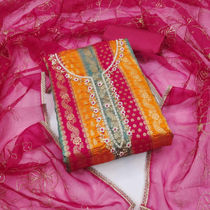 Pink Banarasi Silk Jacquard Dress Material With Floral Woven Handwork Detailing