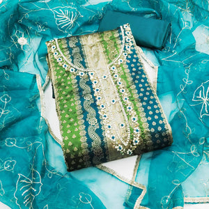 Teal Banarasi Silk Jacquard Dress Material With Floral Woven Handwork Detailing