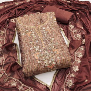 Festive Ready Brown Dress Material in Cotton Silk with Exquisite Hand Embroidery