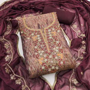 Festive Ready Wine Dress Material in Cotton Silk with Exquisite Hand Embroidery