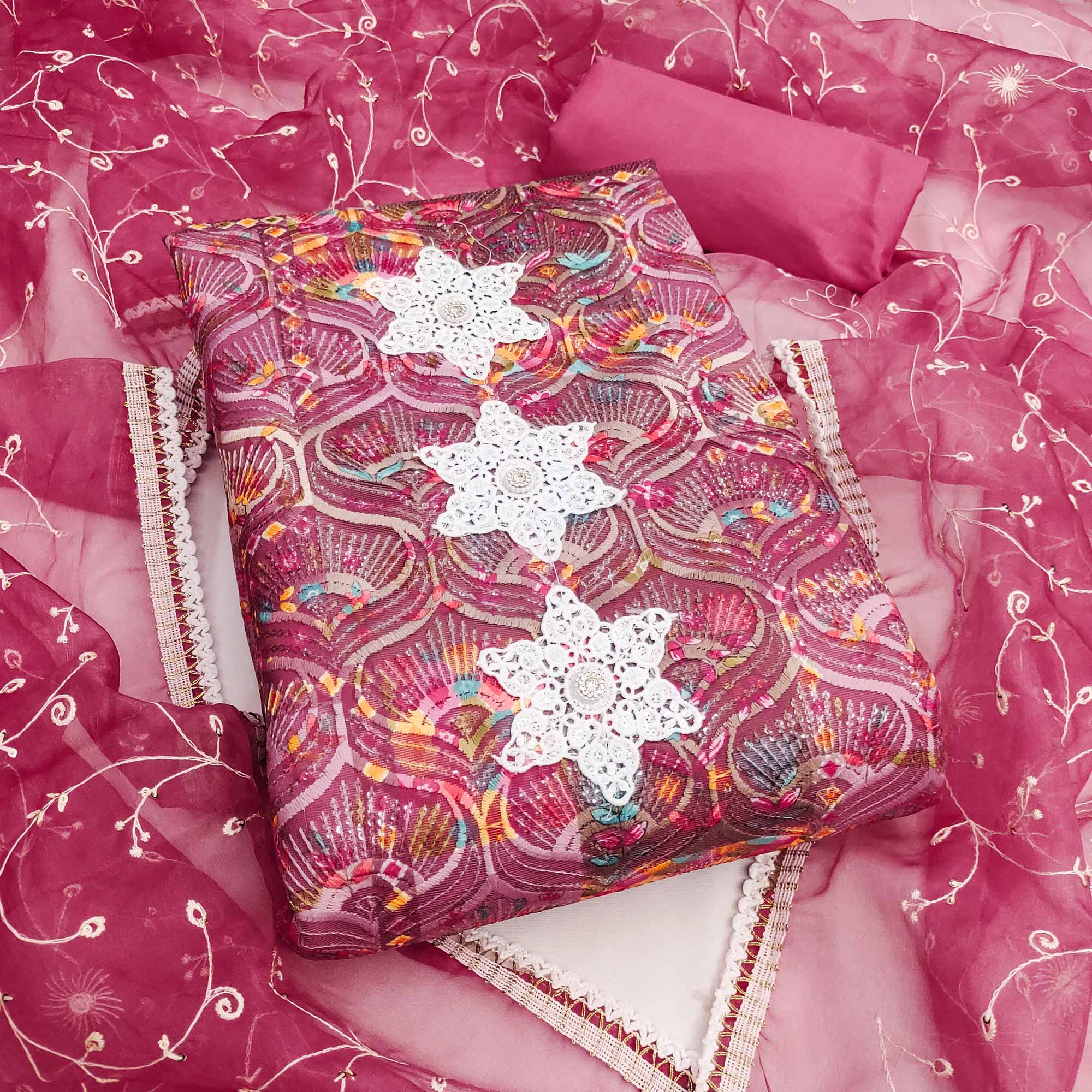 Festive Ready Pink Heavy Embroidered Dress Material in Roman Cotton Silk Fabric