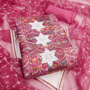 Festive Ready Pink Heavy Embroidered Dress Material in Roman Cotton Silk Fabric