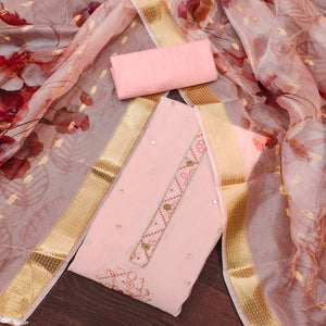 Peach Cotton Silk Dress Material With Intricate Thread Embroidery With Handwork