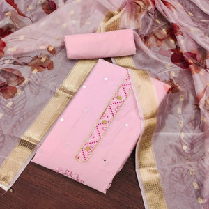 Pink Cotton Silk Dress Material With Intricate Thread Embroidery With Handwork