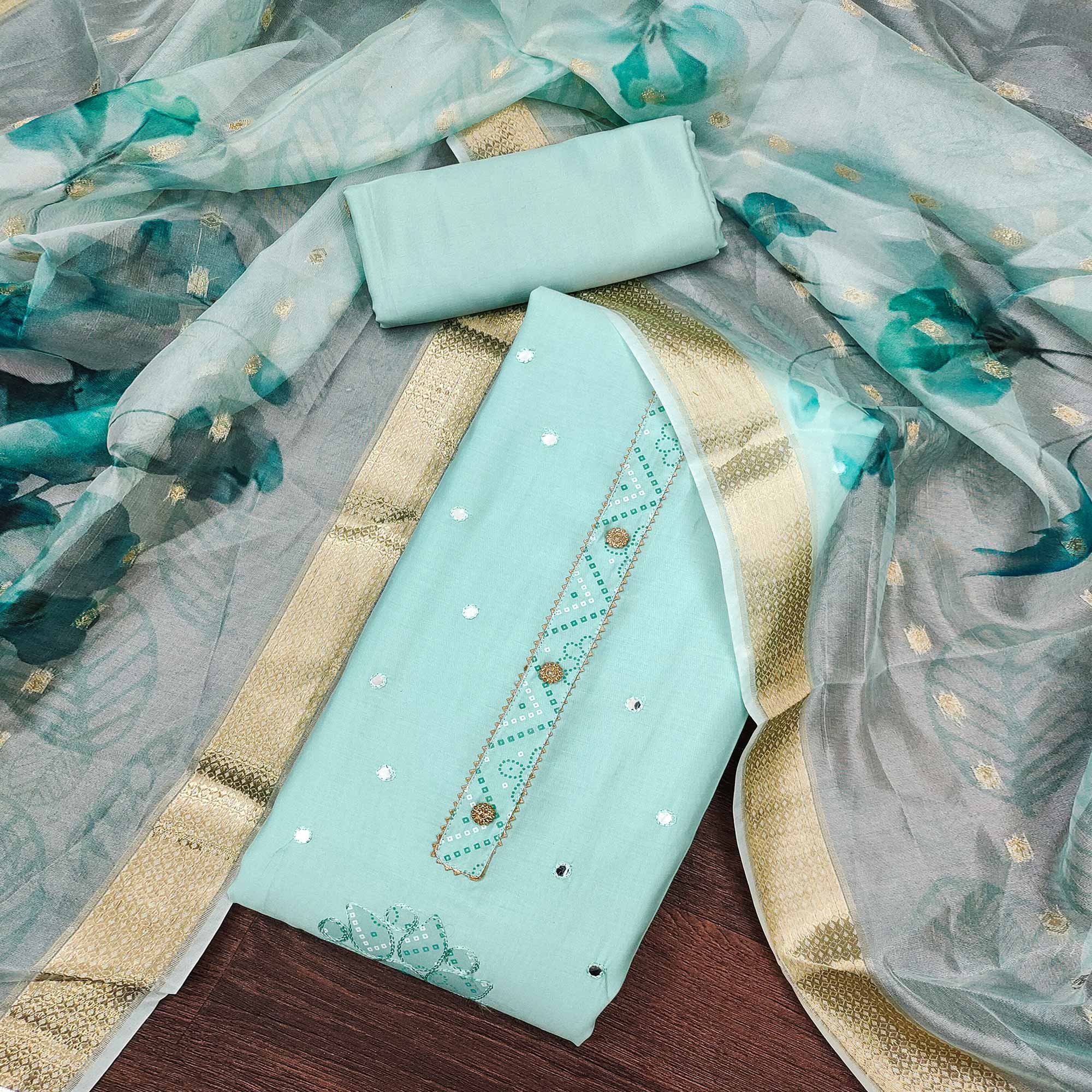 Turquoise Cotton Silk Dress Material With Intricate Thread Embroidery With Handwork