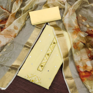 Yellow Cotton Silk Dress Material With Intricate Thread Embroidery With Handwork