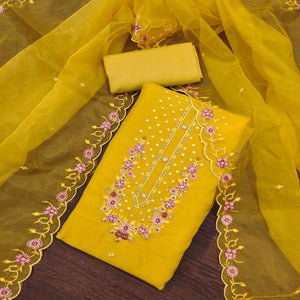 Yellow Dress Material In Viscose With Intricate Floral Sequins Embroidery & Handwork