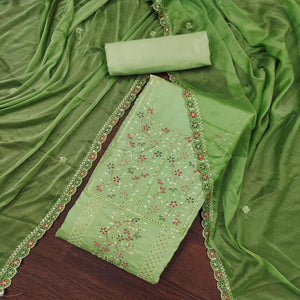 Green Floral Embroidered Cotton Silk Dress Material With Glimmering Floral Sequins Work