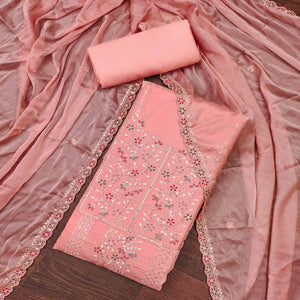 Peach Floral Embroidered Cotton Silk Dress Material With Glimmering Floral Sequins Work