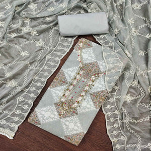 Grey Floral Printed Green Pure Cotton Dress Material With Moti & Gota Patti Handwork Embellishment