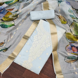 Light Bluish Grey Thread Embroidered Cotton Silk Dress Material With Floral Motifs & Stone Work