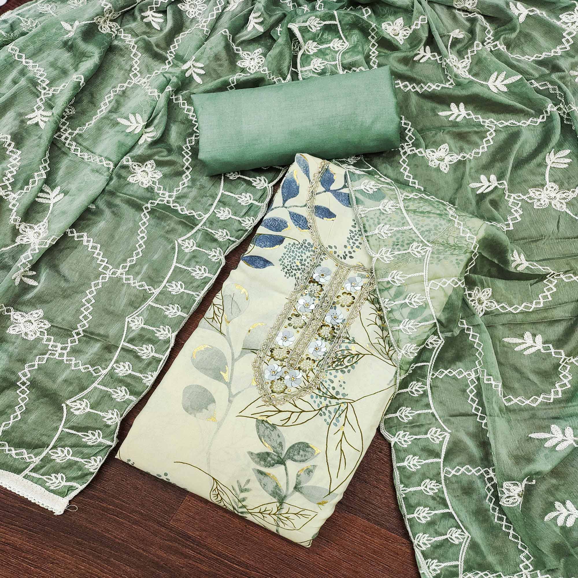 Cream & Green Floral Printed Pure Cotton Dress Material With Intricate Moti & Stones work