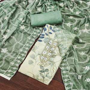 Cream & Green Floral Printed Pure Cotton Dress Material With Intricate Moti & Stones work