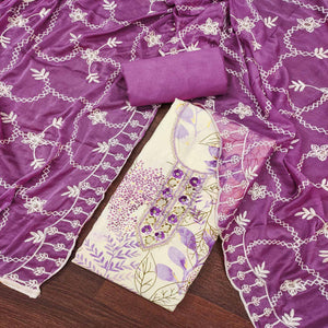 Cream & Purple Floral Printed Pure Cotton Dress Material With Intricate Moti & Stones work