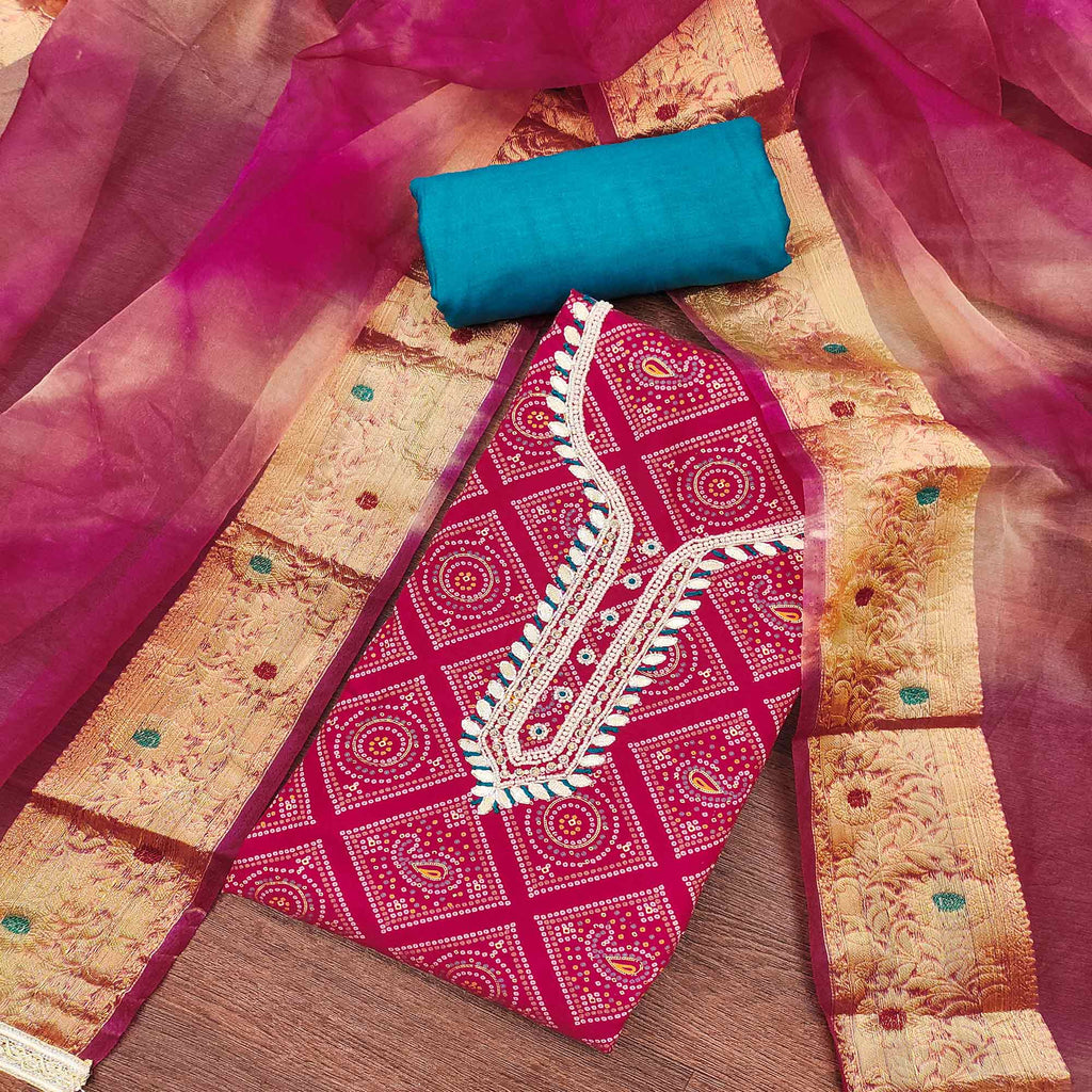 Pink Bandhani Printed Cambric Cotton Dress Material With Intricate Mot