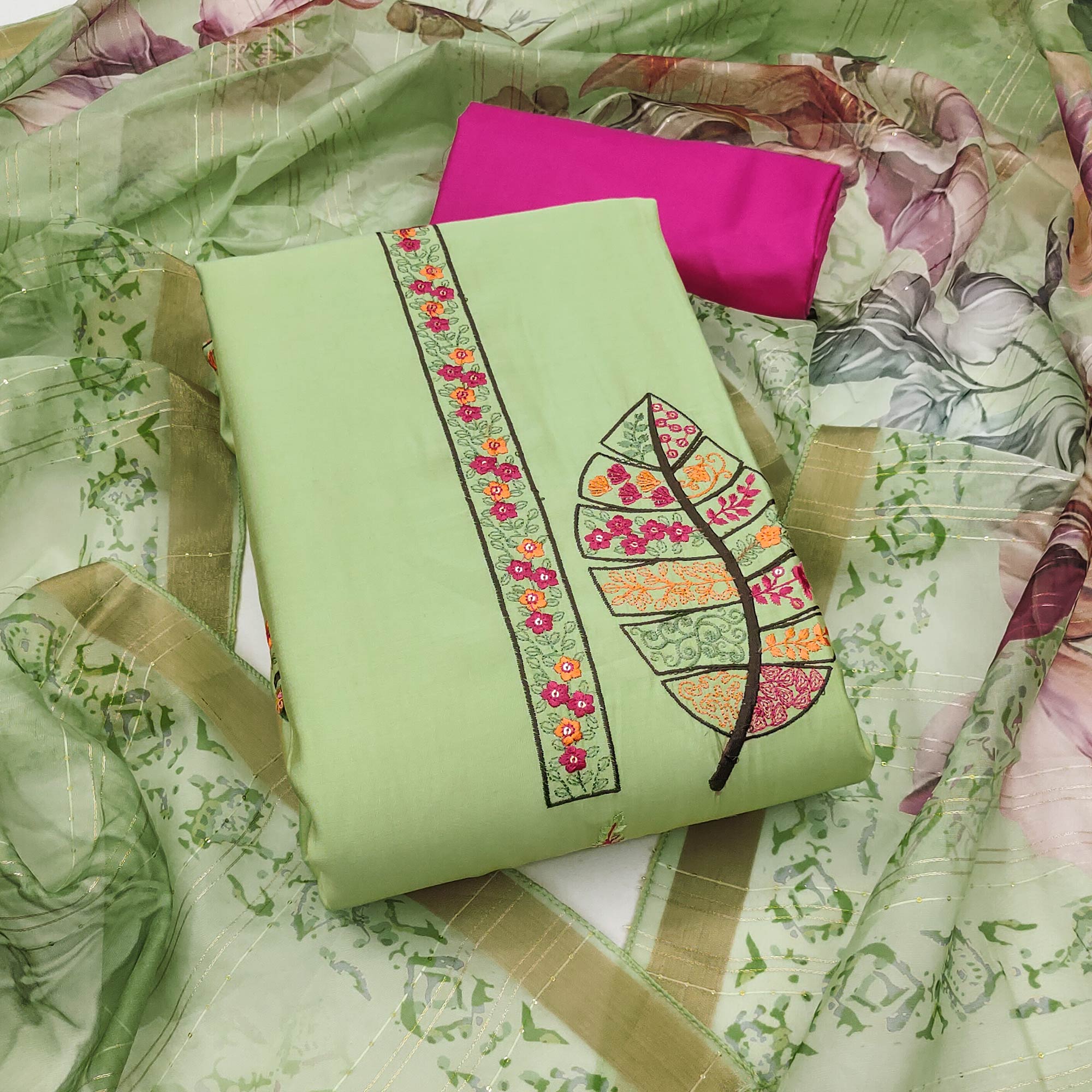 Green Delight Floral Sequins Embroidered Cotton Silk Dress Material