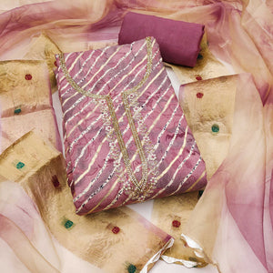Mauve Printed With Intricate Moti Handwork Jam Cotton Dress Material