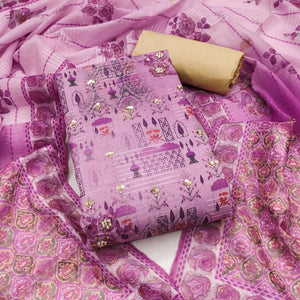 Purple Digital Printed Viscose Cotton Dress Material With Intricate Moti & Sequins Handwork
