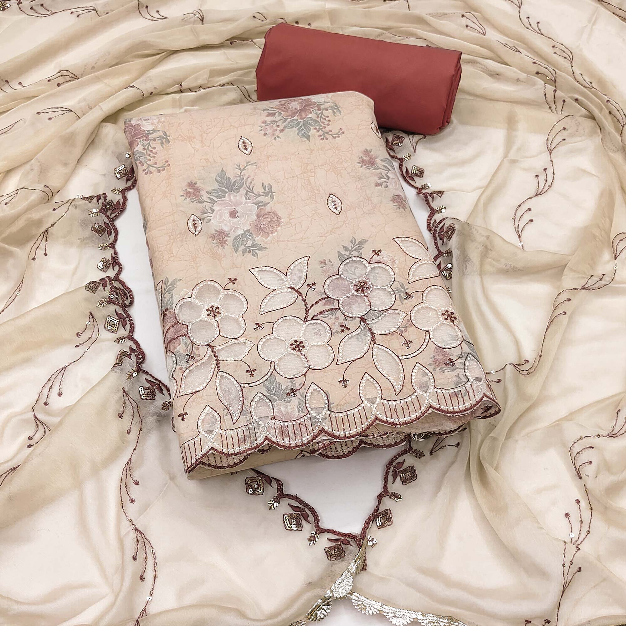 Cream Floral Cambric Cotton Dress Material With Elegant Embroidery Work