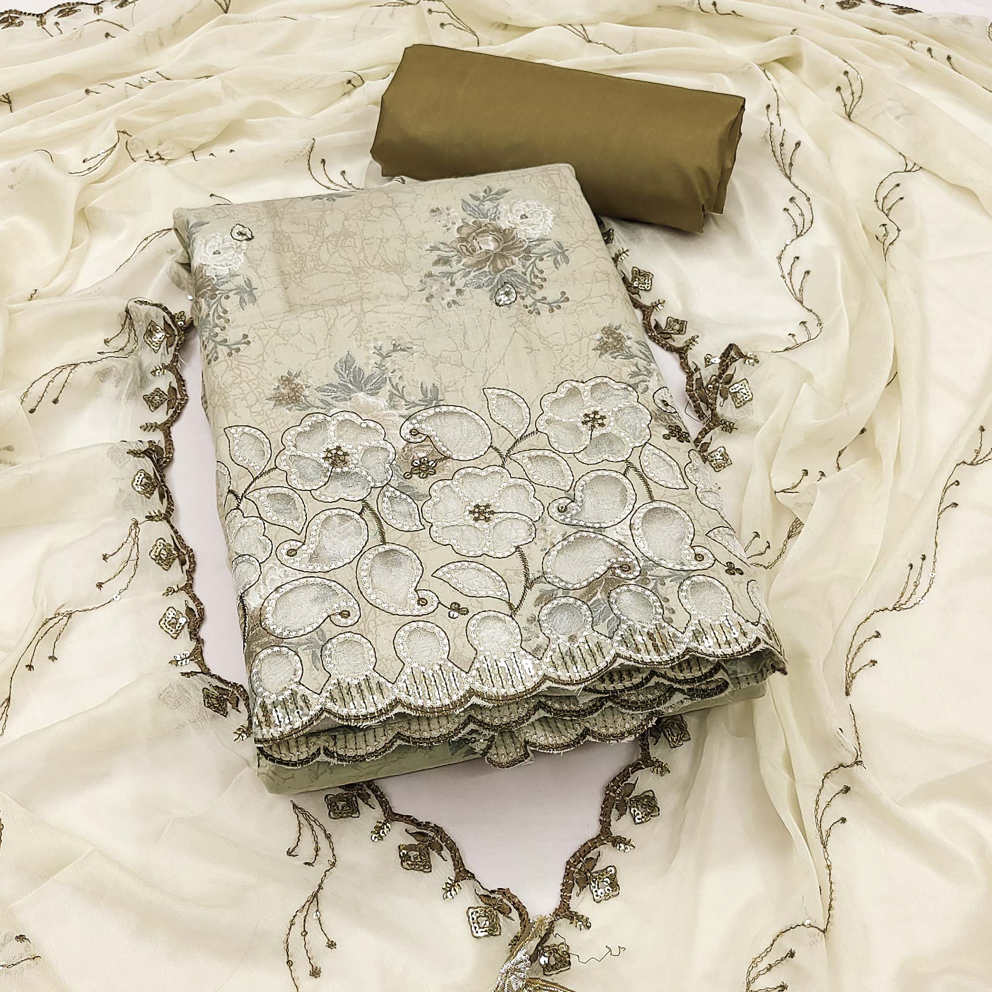 Mehendi Green Floral Cambric Cotton Dress Material With Elegant Embroidery Work