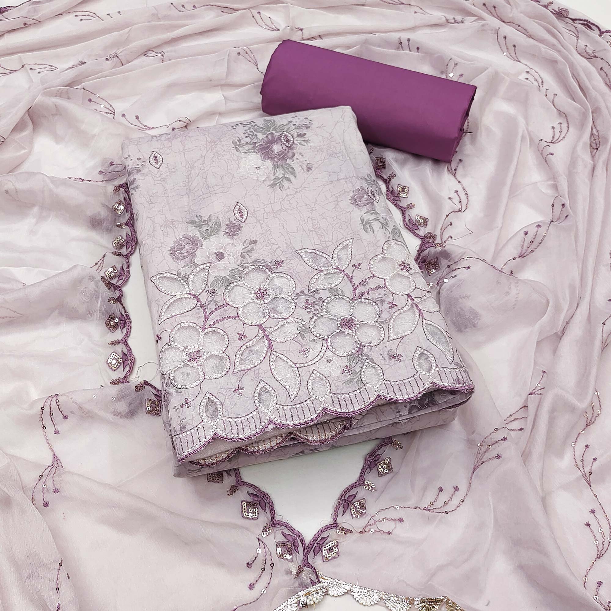 Purple Floral Cambric Cotton Dress Material With Elegant Embroidery Work