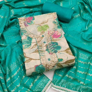 Rama Green In Jam Cotton with Floral Print & Intricate Moti Handwork Dress Material