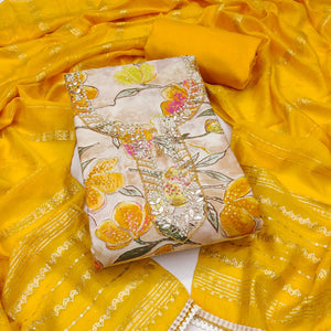 Yellow In Jam Cotton with Floral Print & Intricate Moti Handwork Dress Material