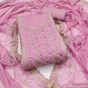 Light Purple Floral Elegance With Sequins Embroidery On Viscose Satin Dress Material