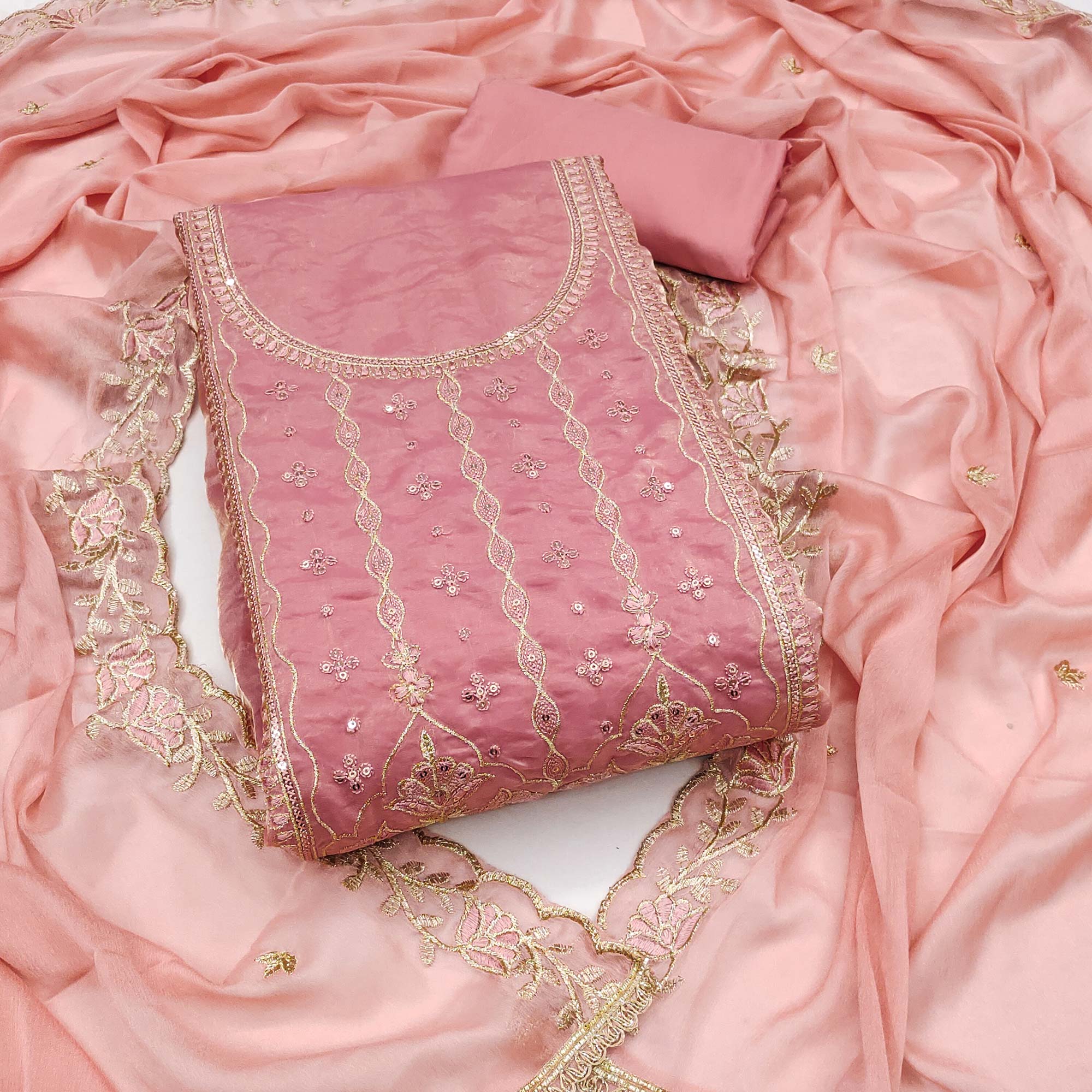 Peach Floral Elegance With Sequins Embroidery On Viscose Satin Dress Material