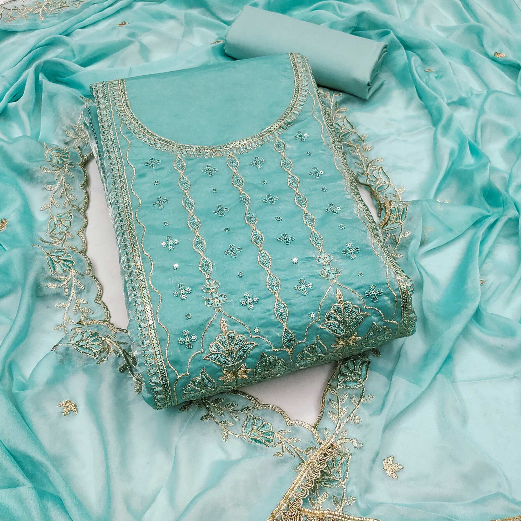 Turquoise Floral Elegance With Sequins Embroidery On Viscose Satin Dress Material