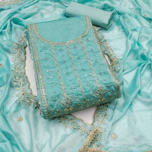 Turquoise Floral Elegance With Sequins Embroidery On Viscose Satin Dress Material
