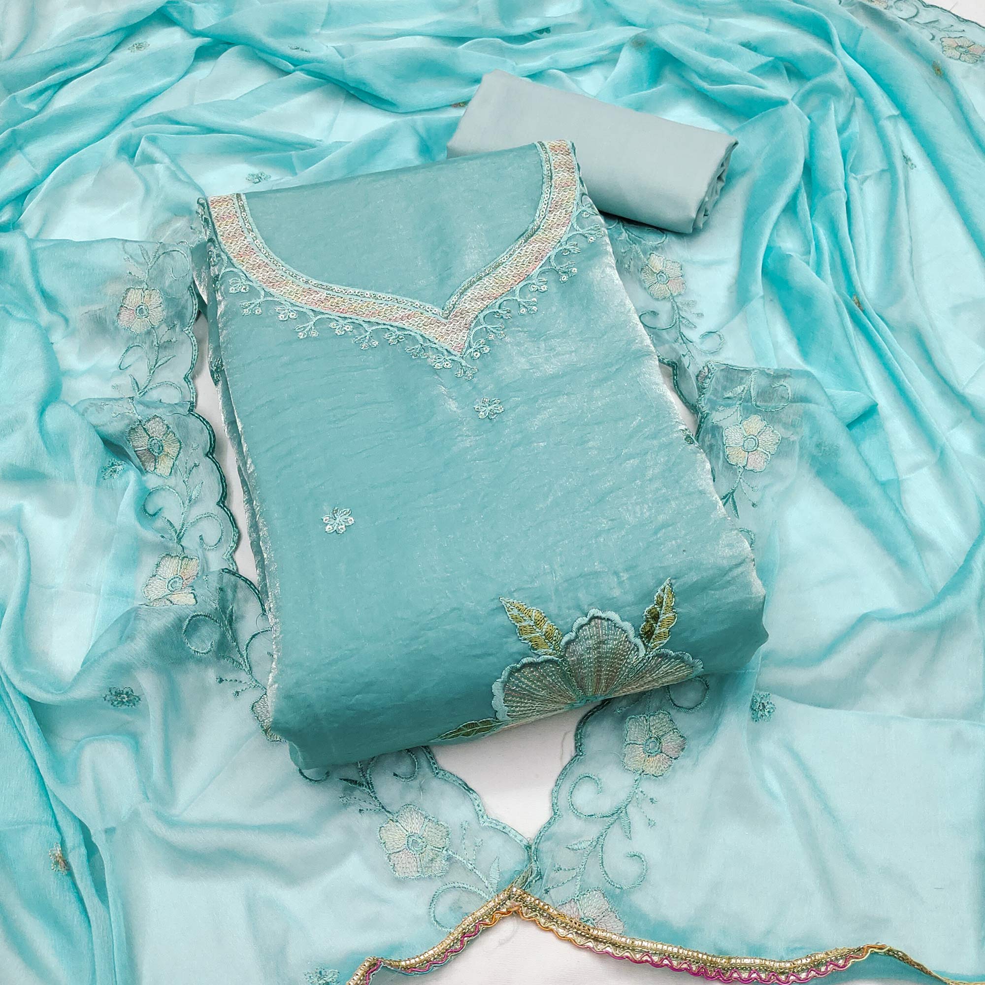 Turquoise Ensemble With Floral Sequins Embroidery Detailing On Satin Viscose Dress Material