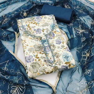 Blue Bloom Charm With Floral Print & Delicate Sequins & Moti Handwork Dress Material