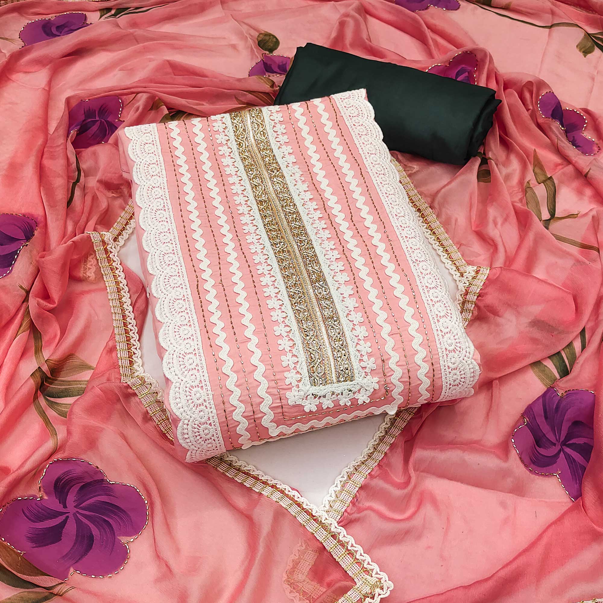 Peach Floral Printed With Intricate Handwork Embroidered Cotton Silk Dress Material