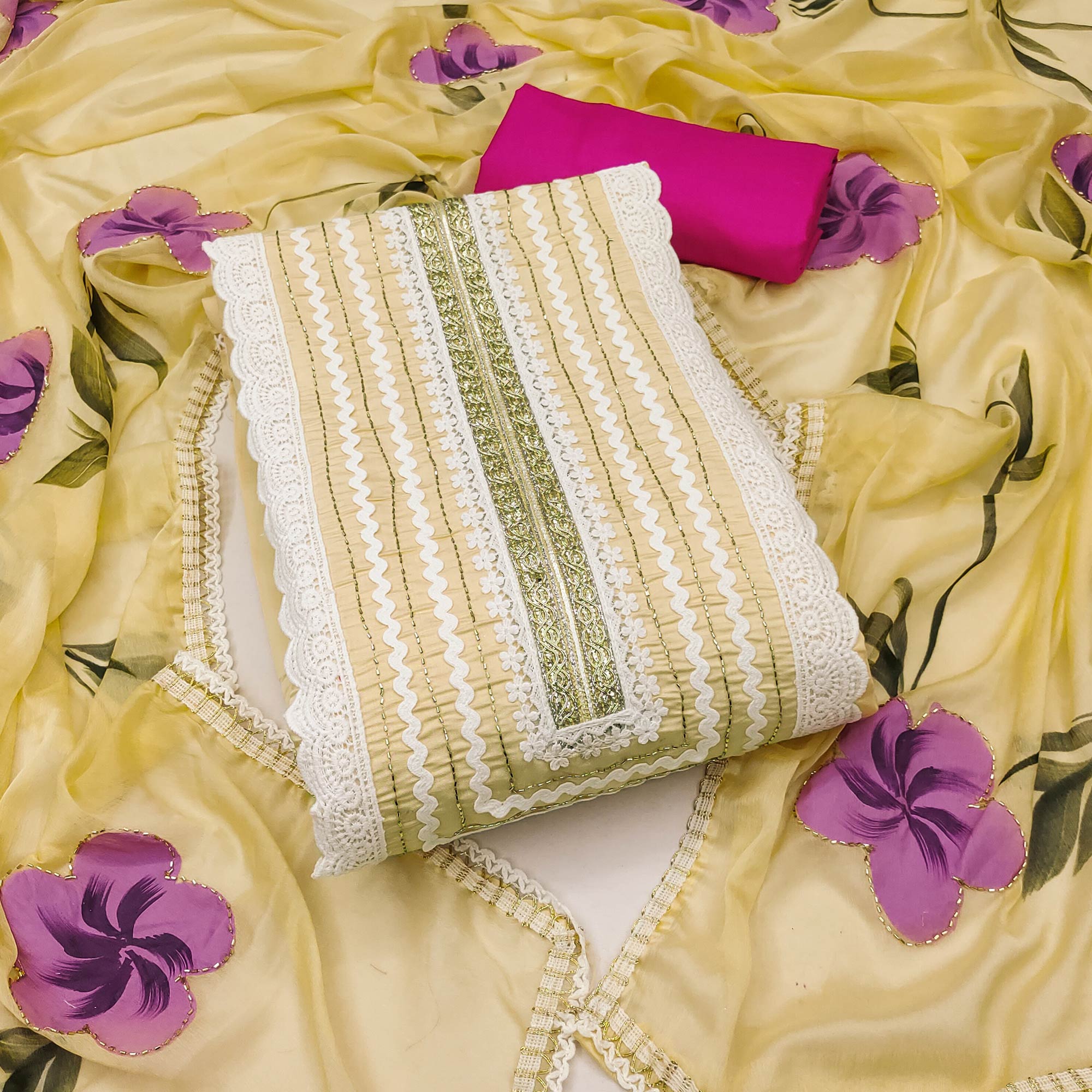 Yellow Floral Printed With Intricate Handwork Embroidered Cotton Silk Dress Material