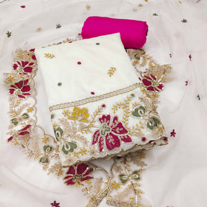 Offwhite Viscose Organza Dress Material Adorned with Cording & Sequin Embroidery Work