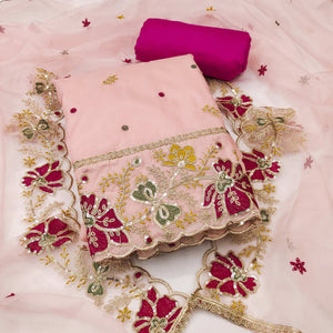 Peach Viscose Organza Dress Material Adorned with Cording & Sequin Embroidery Work