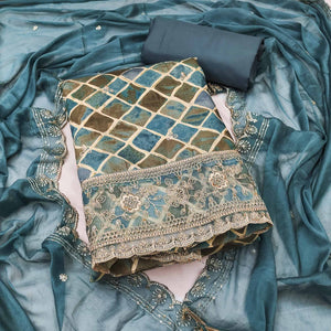 Blue Printed Dress Material In Pure Cotton With Intricate Sequins Embroidery Work