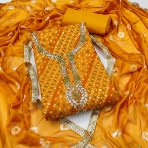 Mustard Bandhani Printed Pure Cotton Dress Material With Intricate Moti & Gota Patti Handwork
