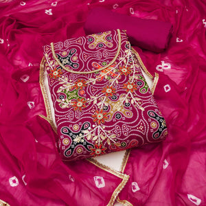 Pink Bandhani Printed Pure Cotton Dress Material With Delicate Moti & Gota Patti Handwork