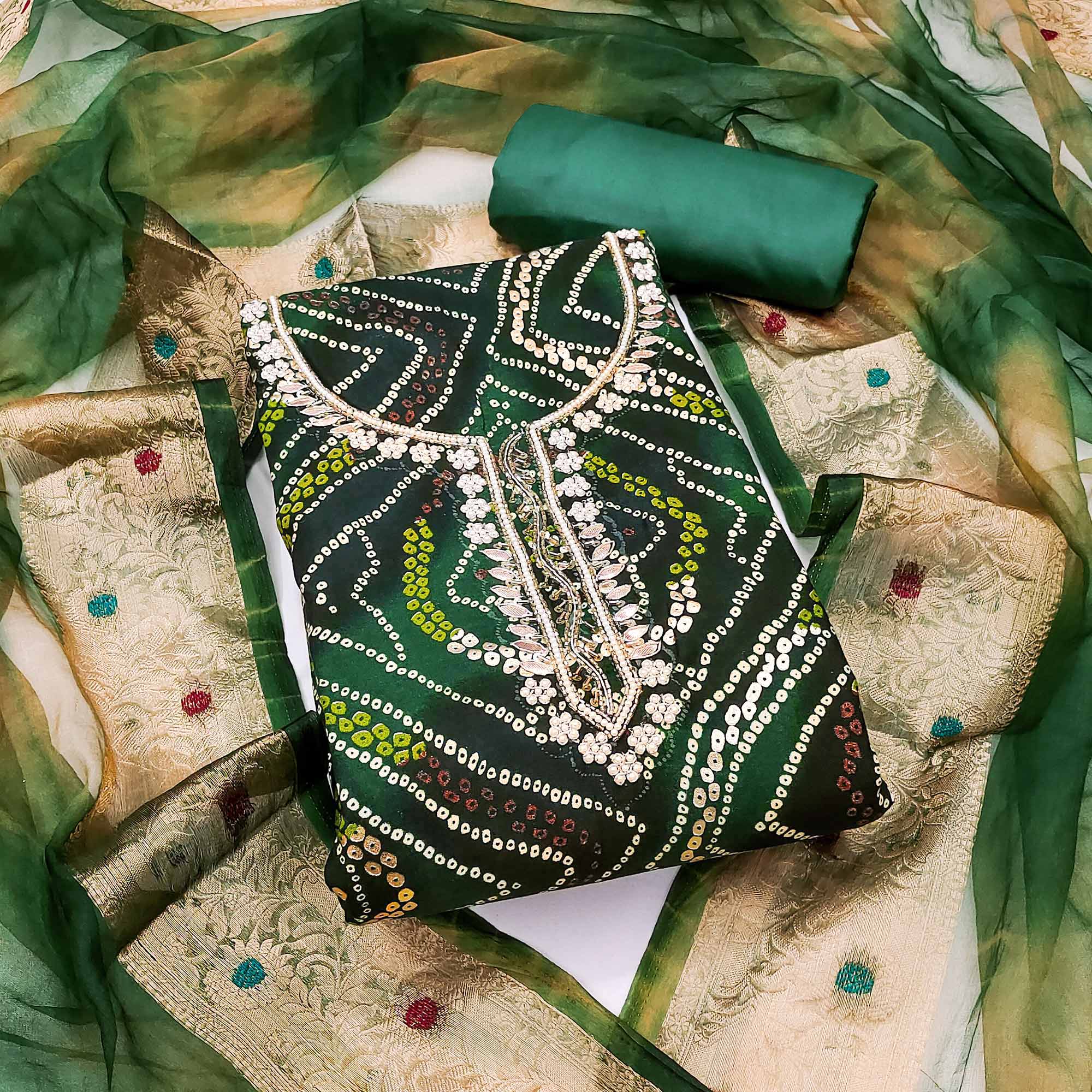 Green Bandhani Printed Pure Cotton Dress Material With Artistic Moti & Gota Patti Handwork