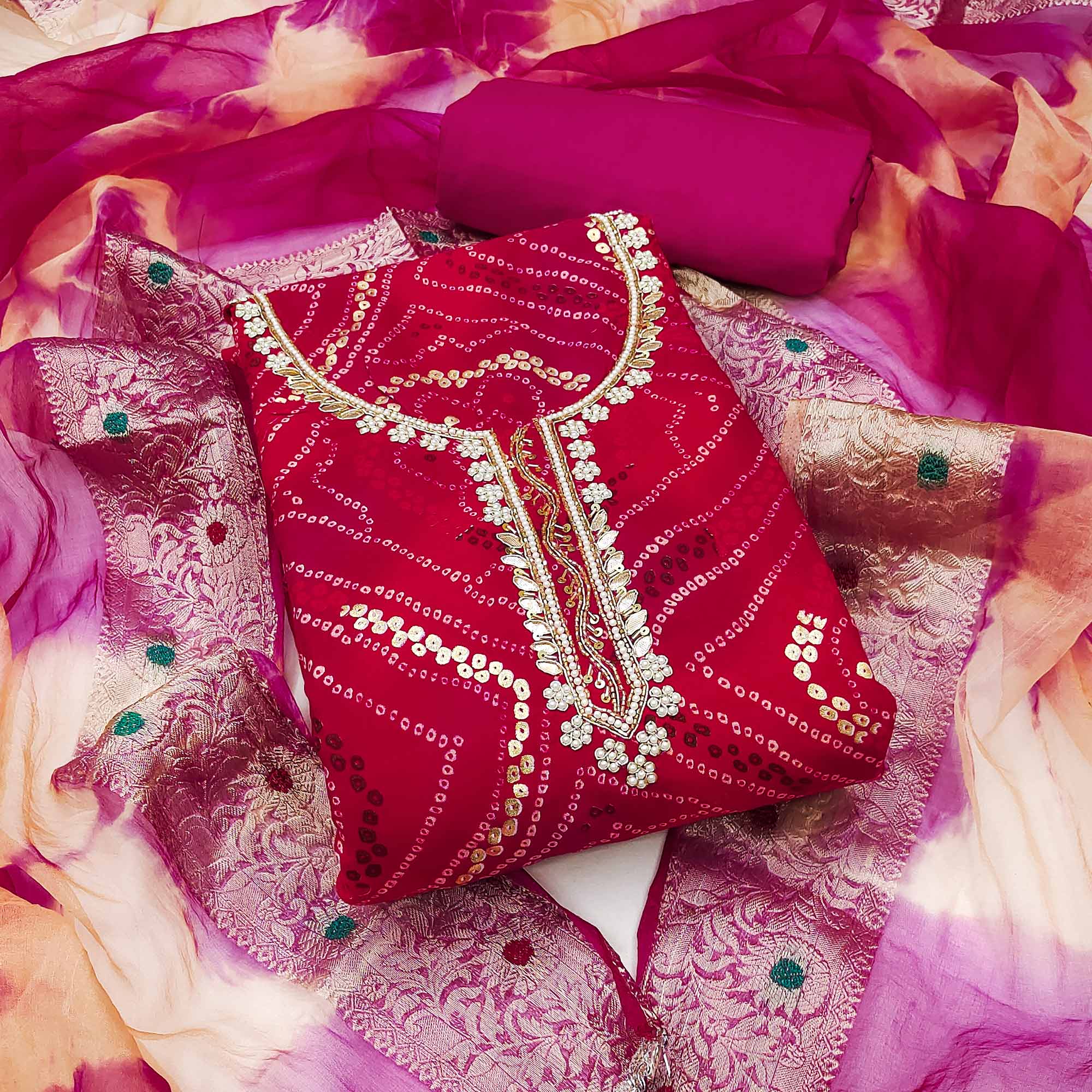 Pink Bandhani Printed Pure Cotton Dress Material With Artistic Moti & Gota Patti Handwork