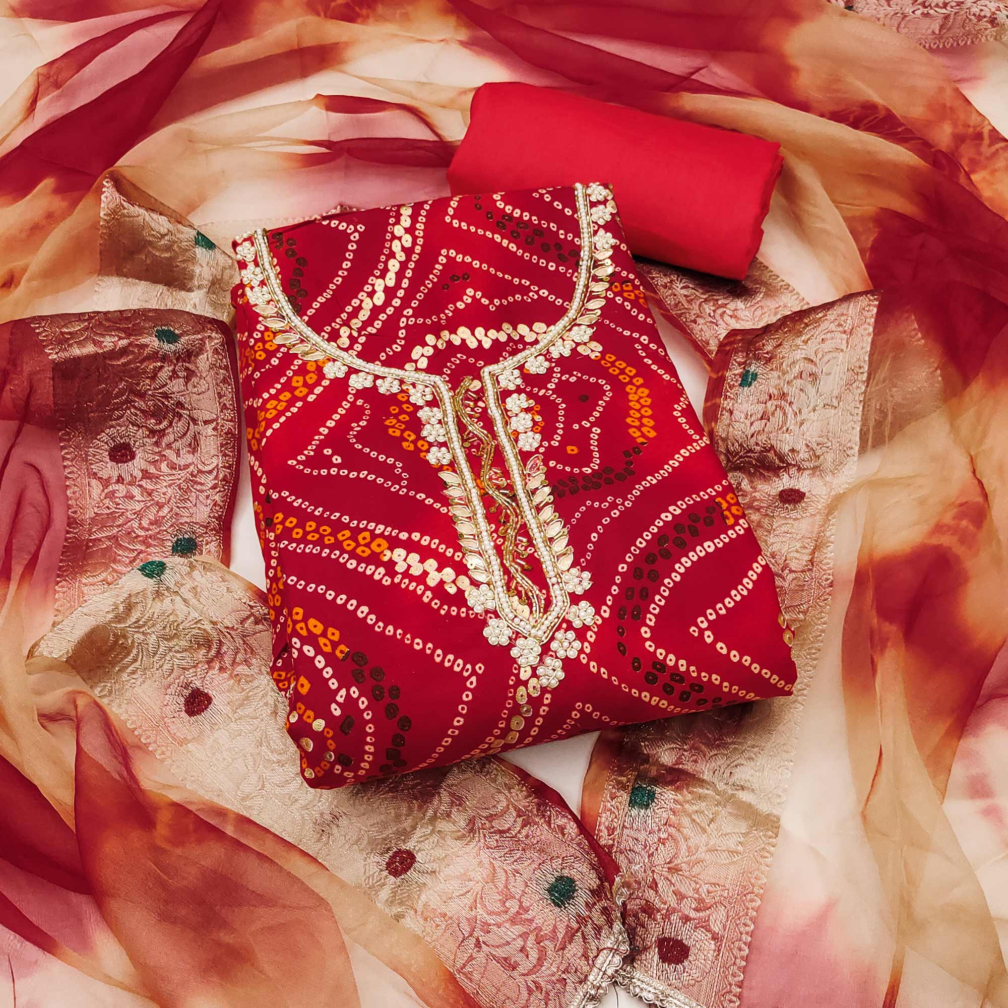 Red Bandhani Printed Pure Cotton Dress Material With Artistic Moti & Gota Patti Handwork