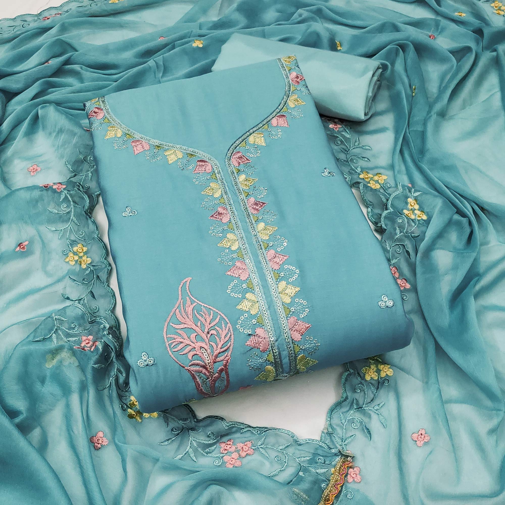 Turquoise Dress Material In Cotton Silk With Floral Embroidery & Sequin Accents